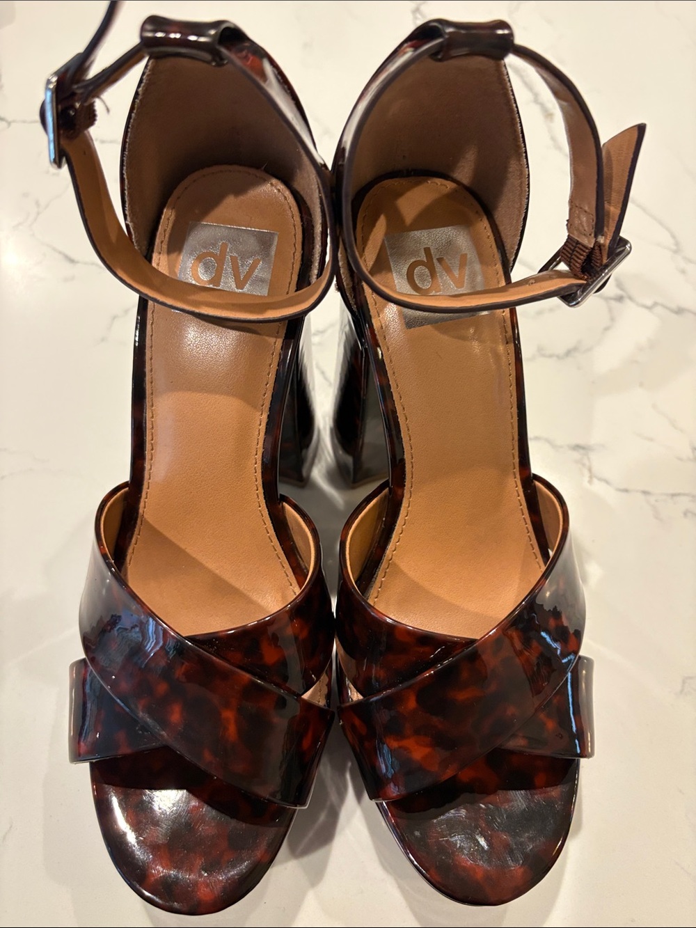DV by Dolce Vita Tortoiseshell Brown Glossy Ankle-Strap Platform Heels